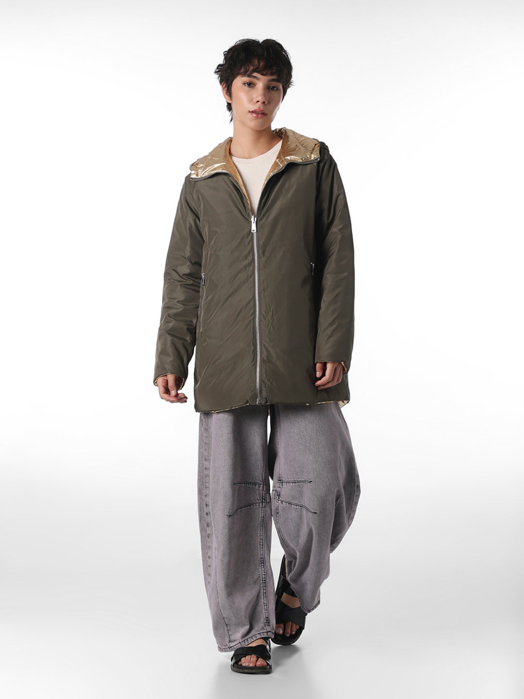 Green Long Reversible Puffer Jacket