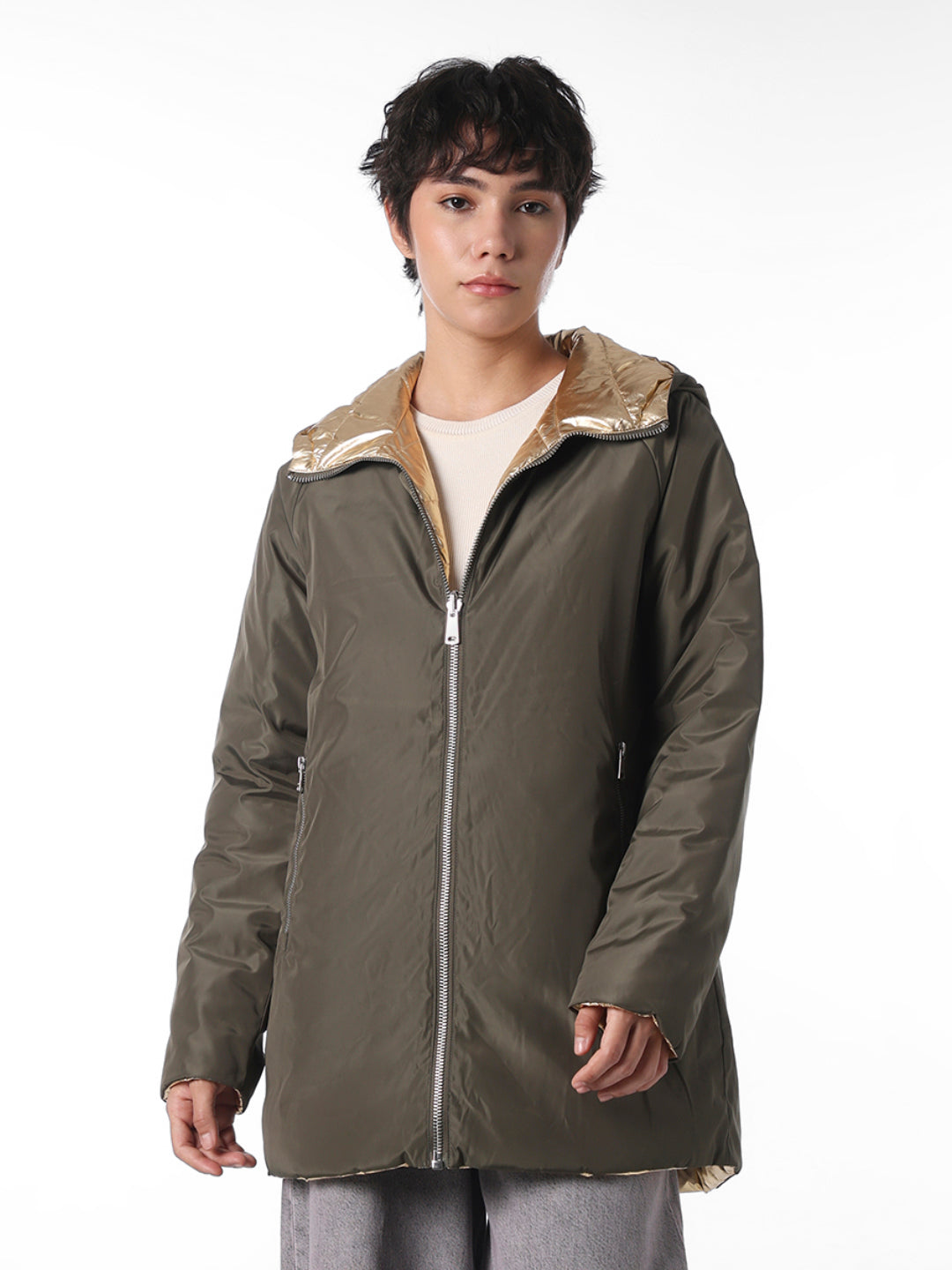 Green Long Reversible Puffer Jacket
