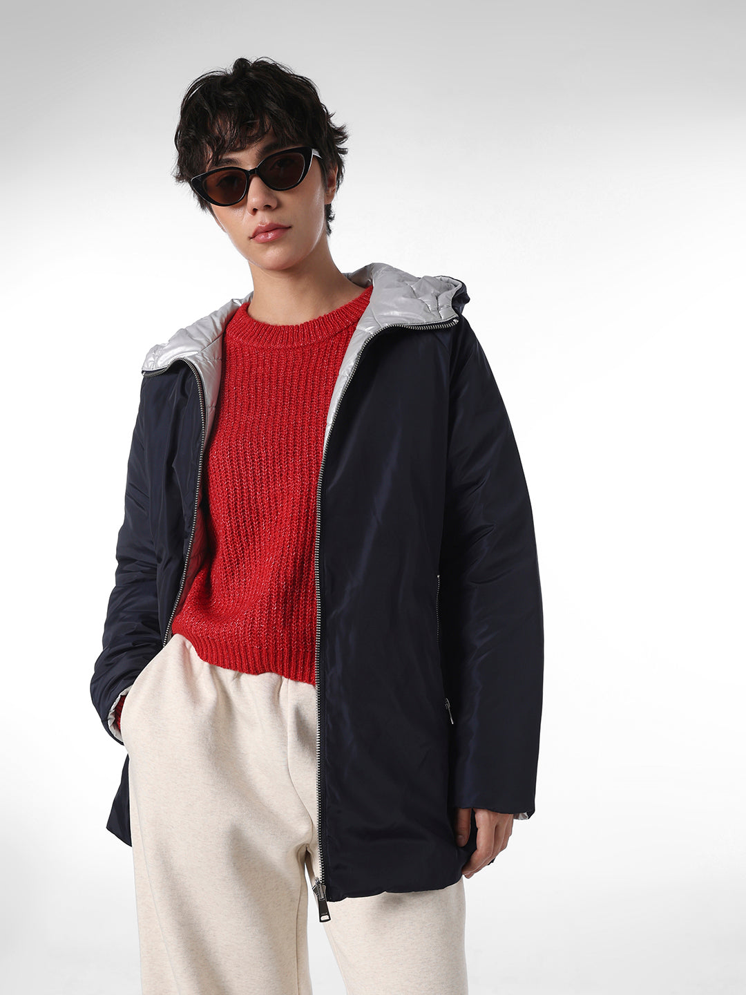 Navy Blue Long Reversible Puffer Jacket
