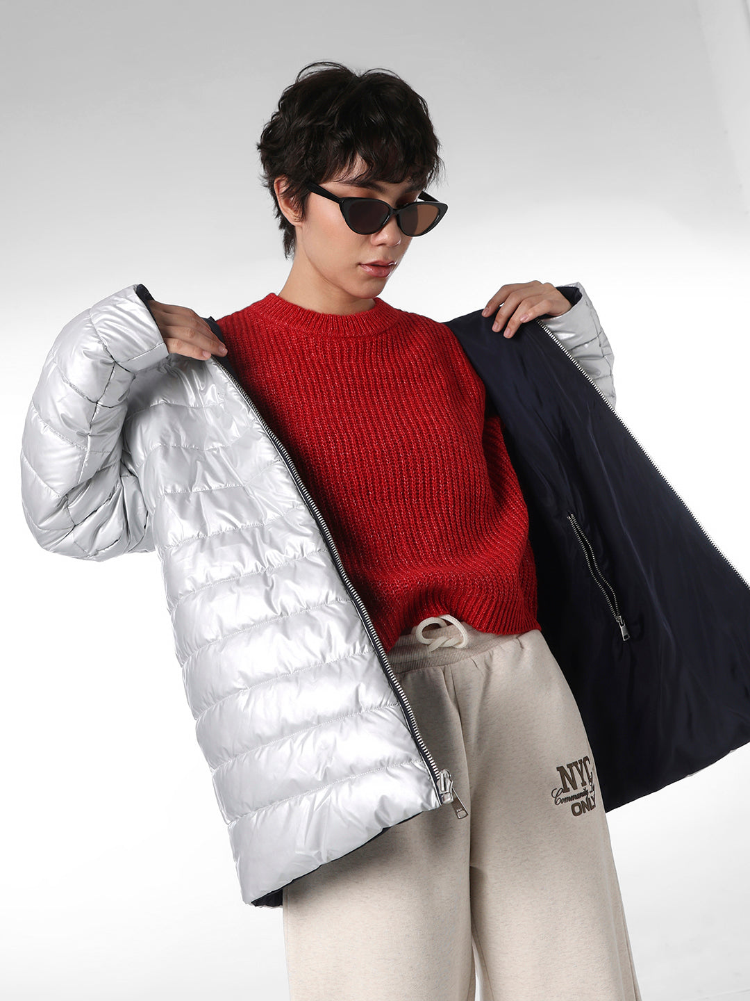 Navy Blue Long Reversible Puffer Jacket