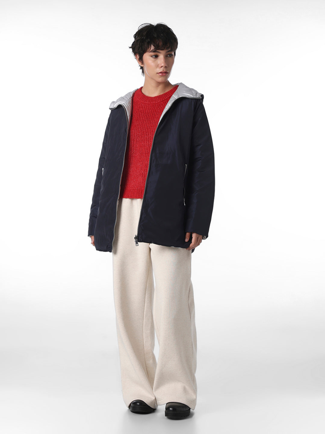 Navy Blue Long Reversible Puffer Jacket