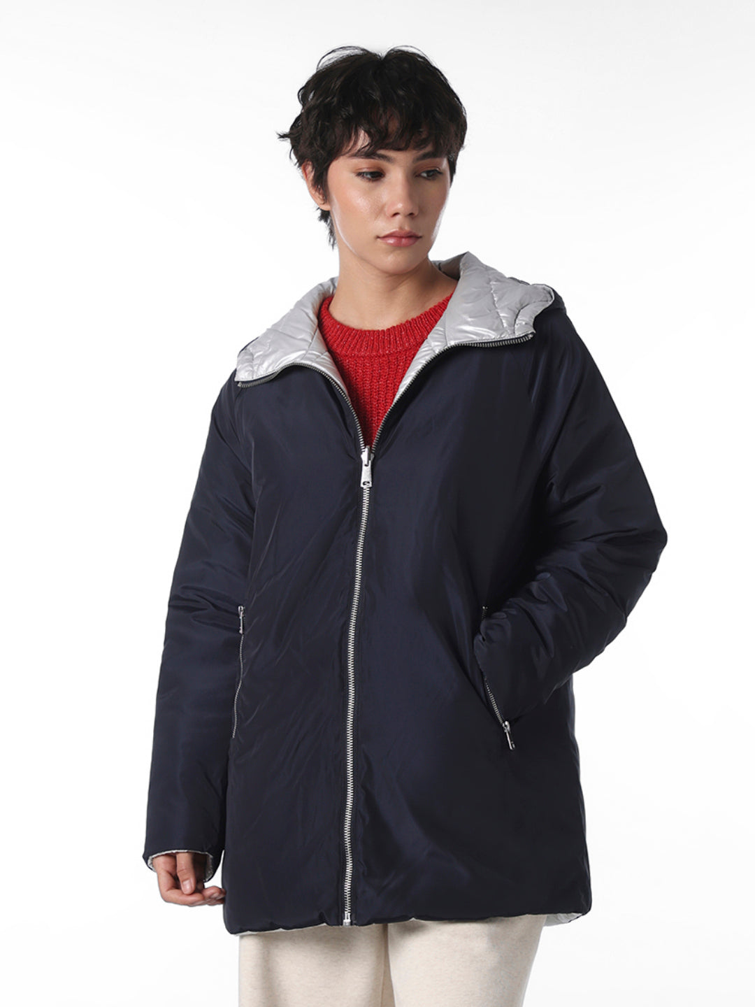 Navy Blue Long Reversible Puffer Jacket