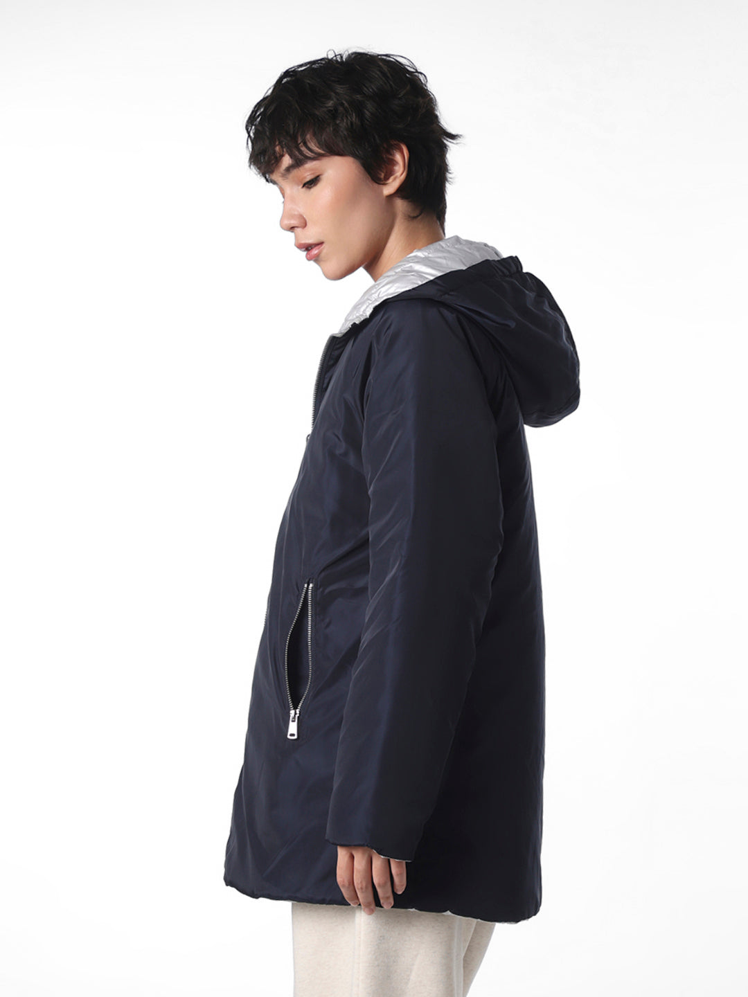 Navy Blue Long Reversible Puffer Jacket