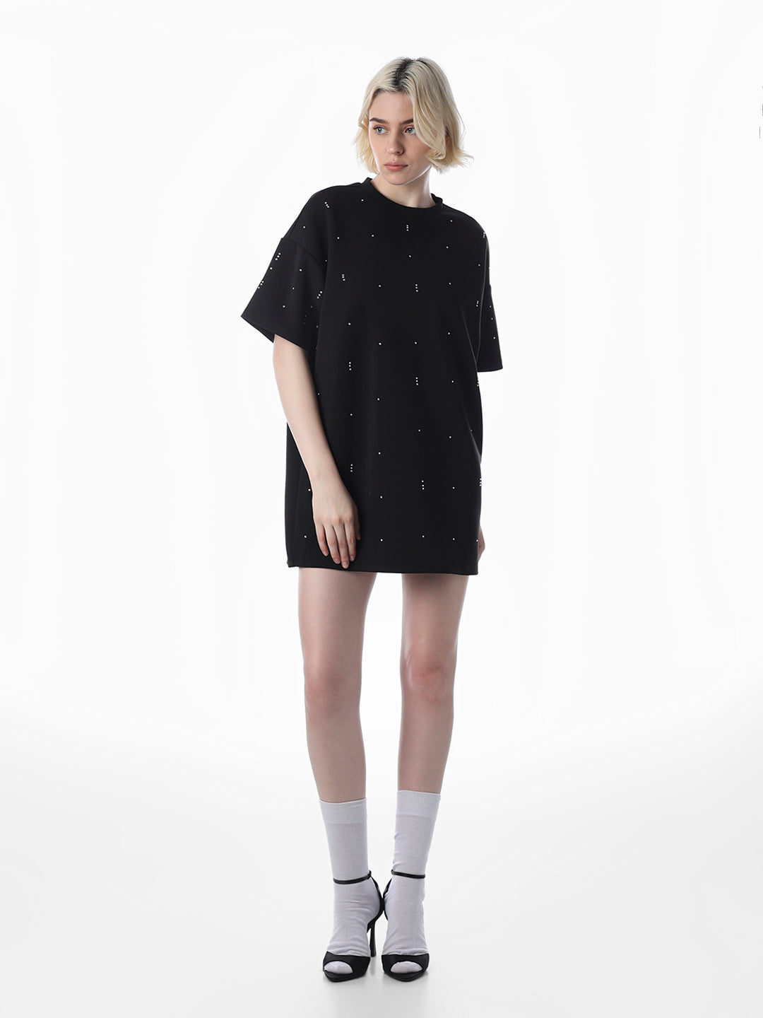 Black Rhinestone Detail T-shirt Dress