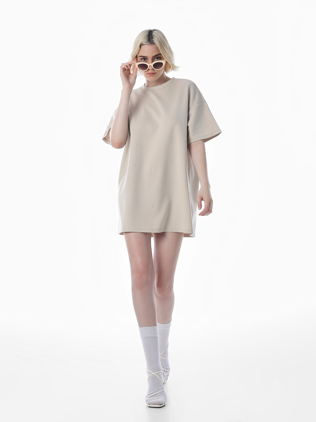 Beige Rhinestone Detail T-shirt Dress