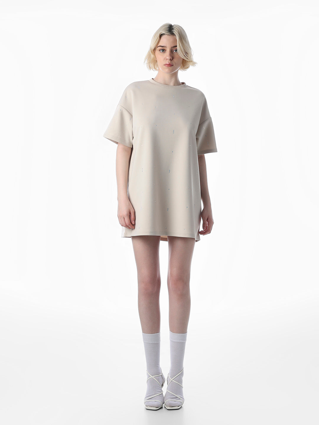 Beige Rhinestone Detail T-shirt Dress