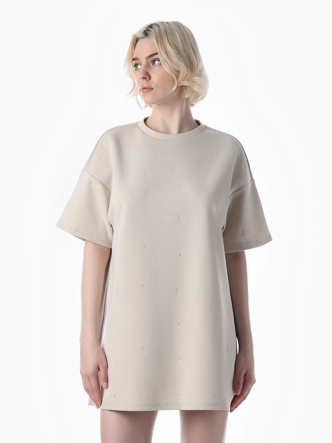 Beige Rhinestone Detail T-shirt Dress