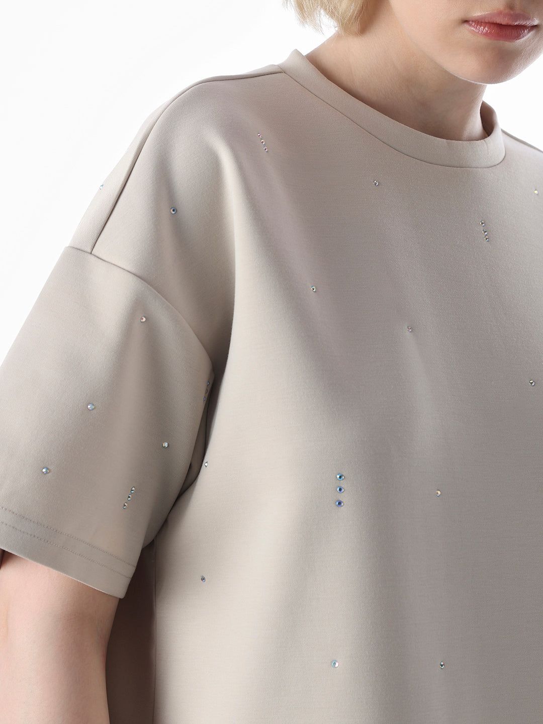Beige Rhinestone Detail T-shirt Dress
