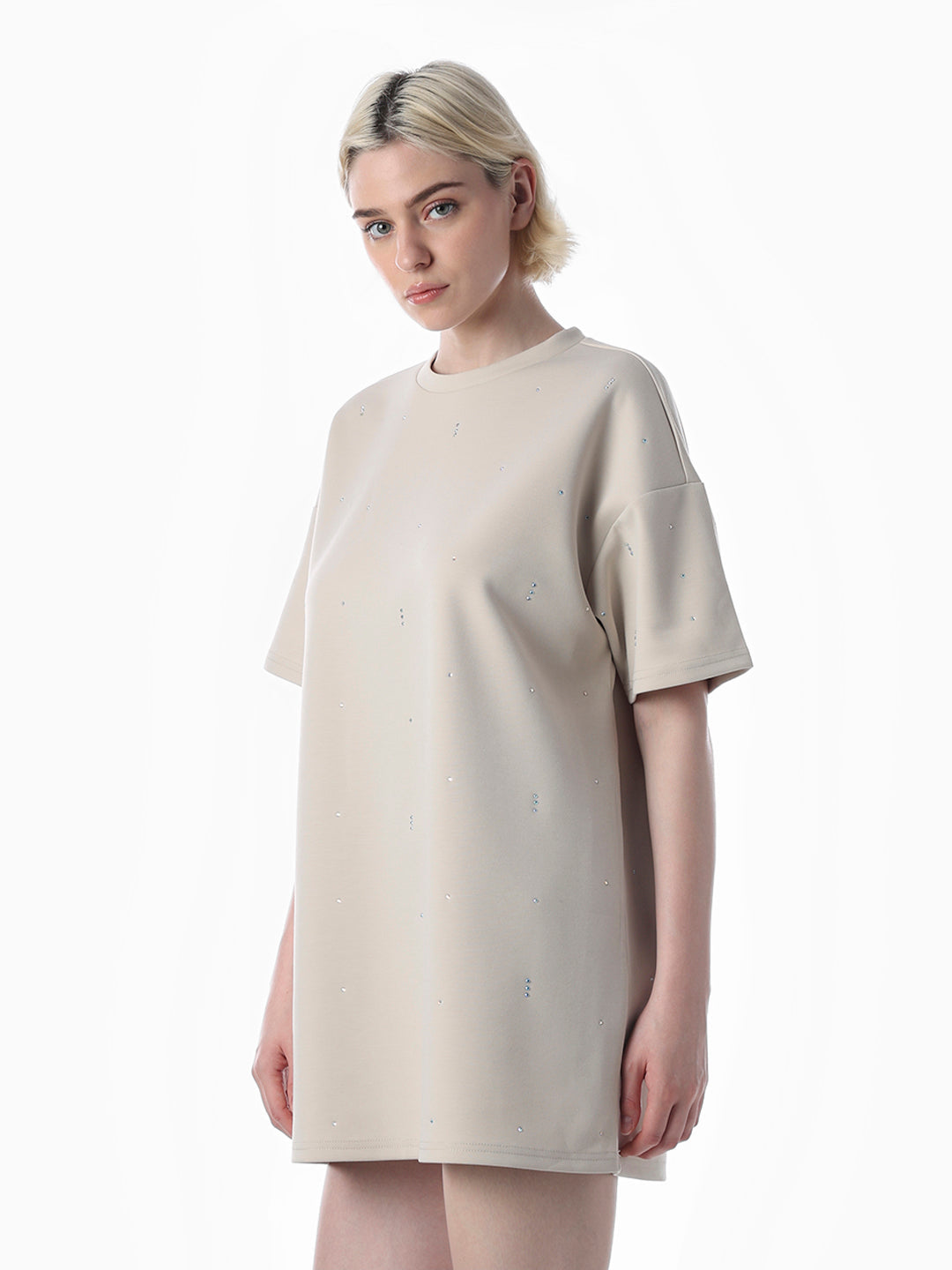 Beige Rhinestone Detail T-shirt Dress