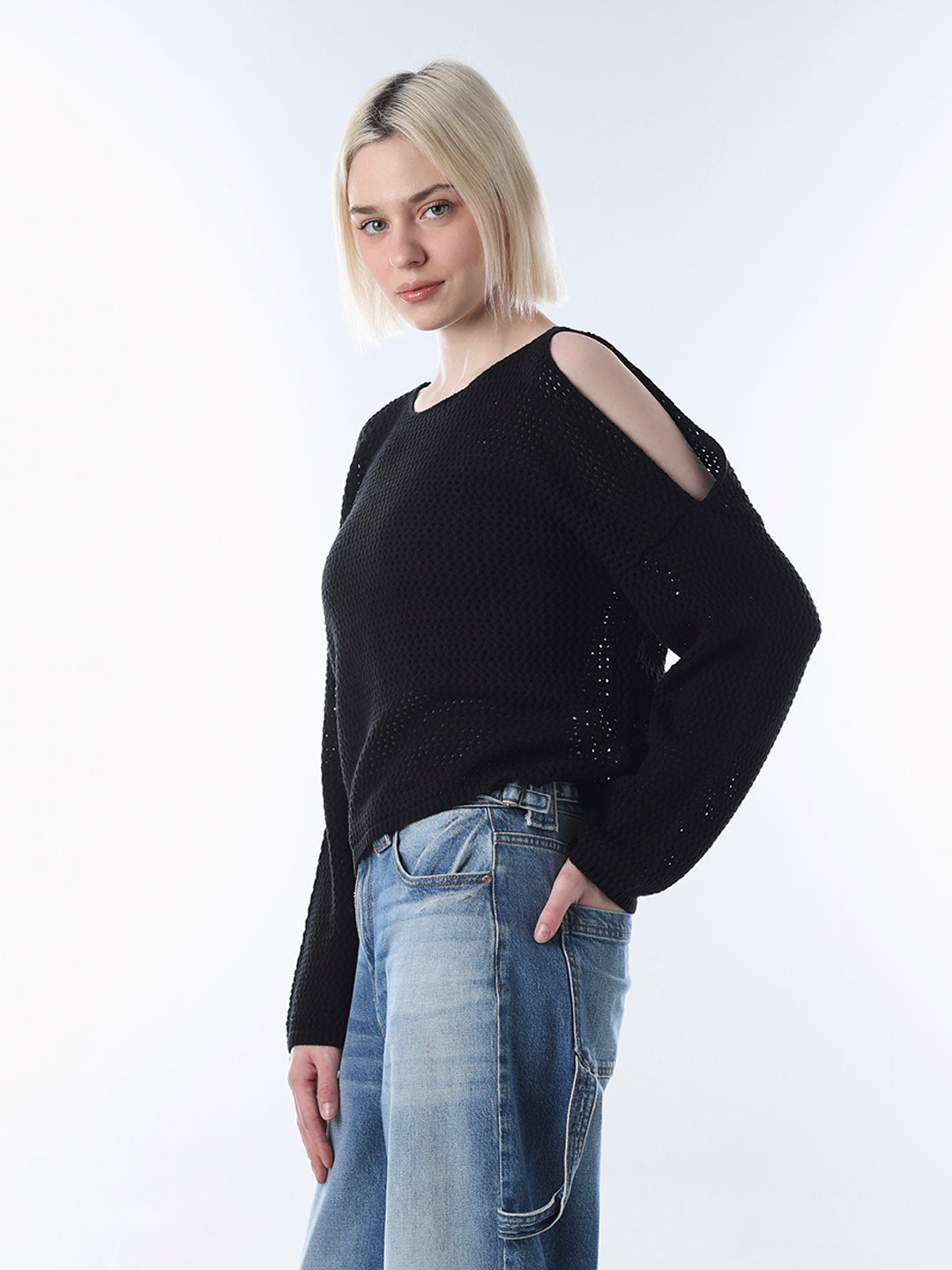 Black Cold Shoulder O-Neck Pullover