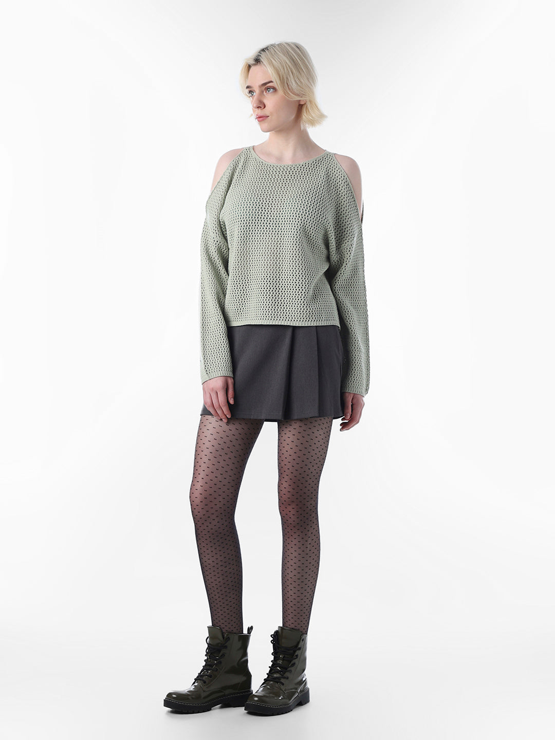 Green Cold Shoulder O-Neck Pullover