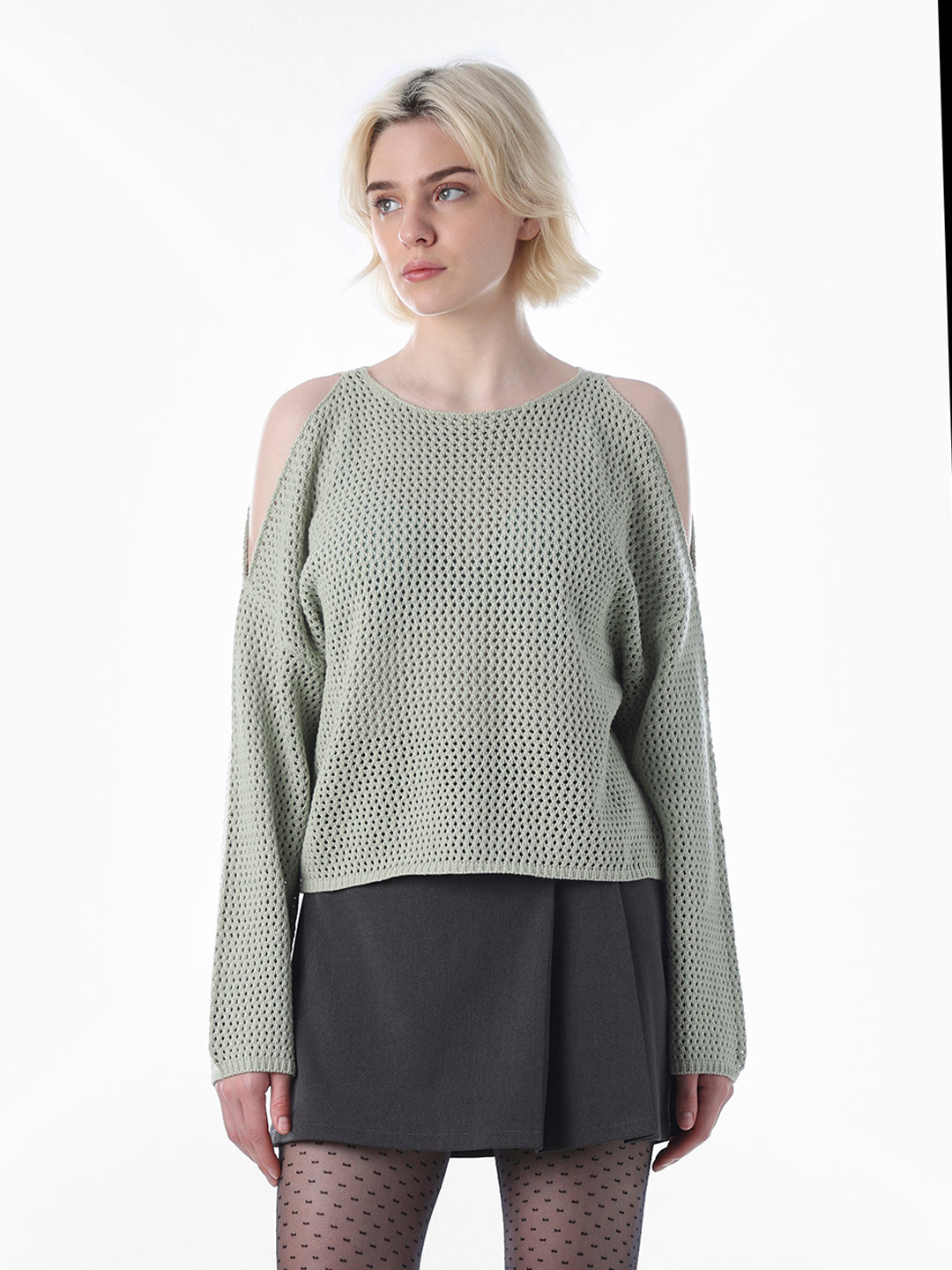 Green Cold Shoulder O-Neck Pullover