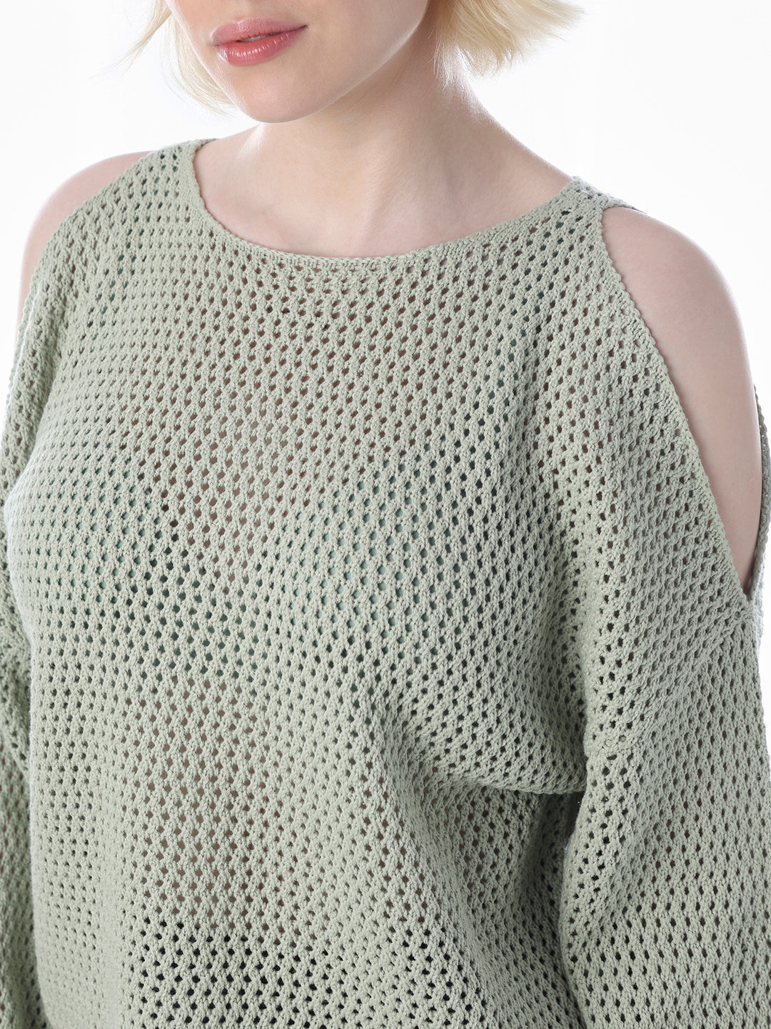 Green Cold Shoulder O-Neck Pullover