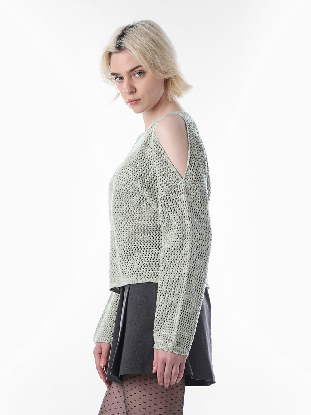 Green Cold Shoulder O-Neck Pullover