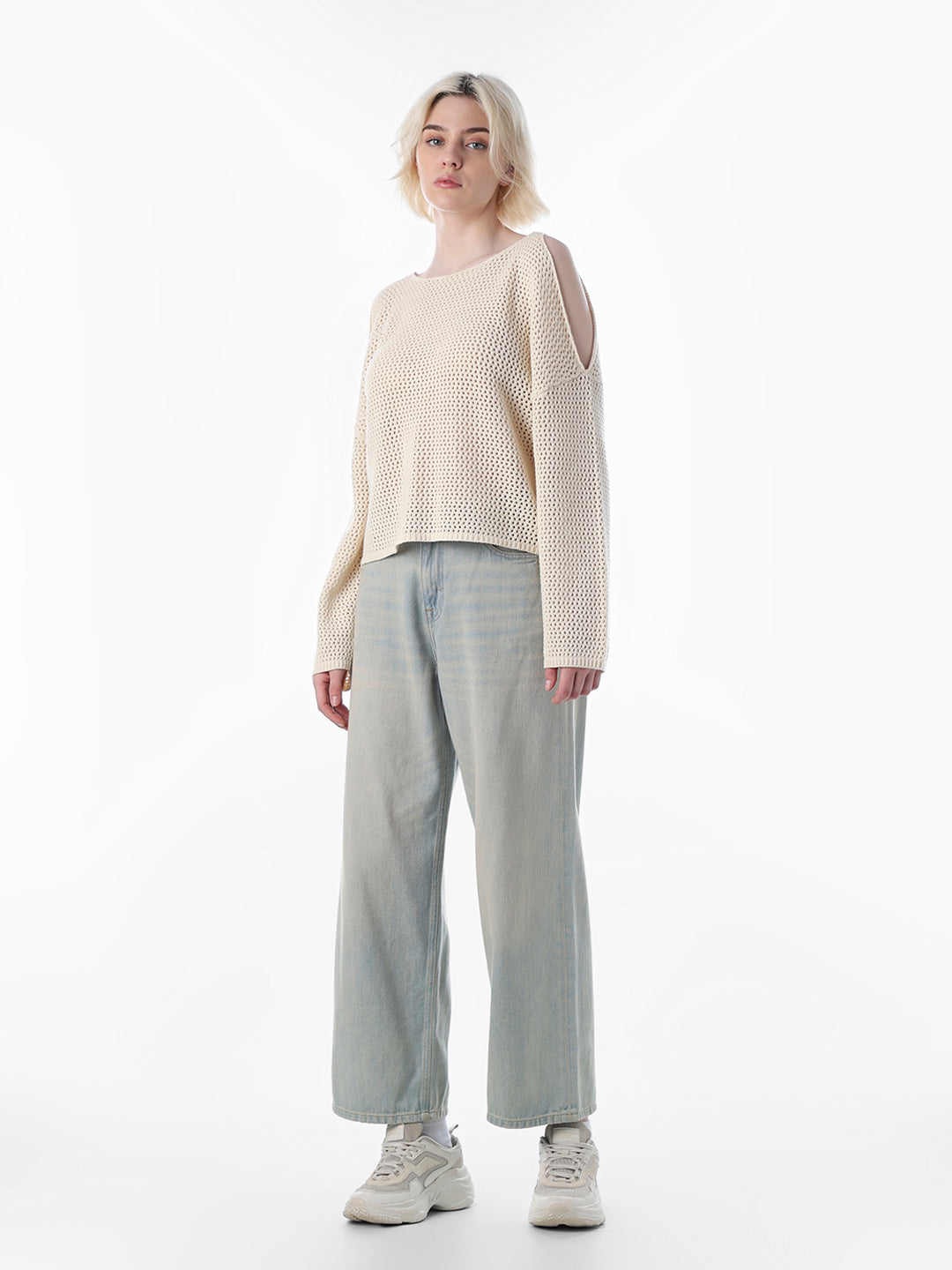 Beige Cold Shoulder O-Neck Pullover