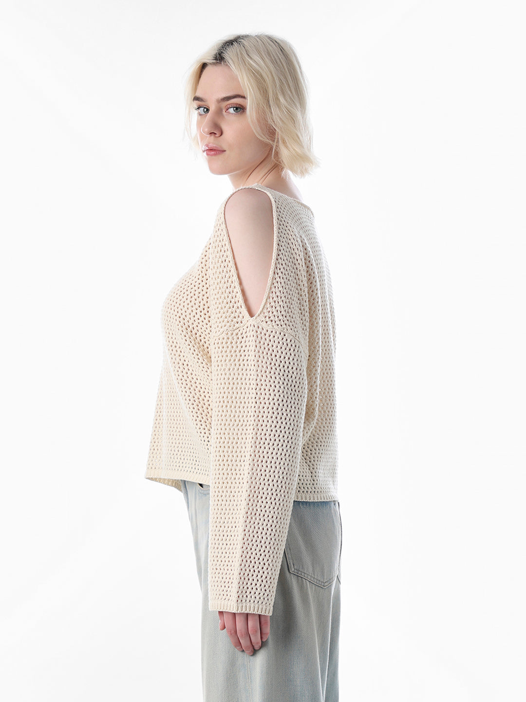 Beige Cold Shoulder O-Neck Pullover