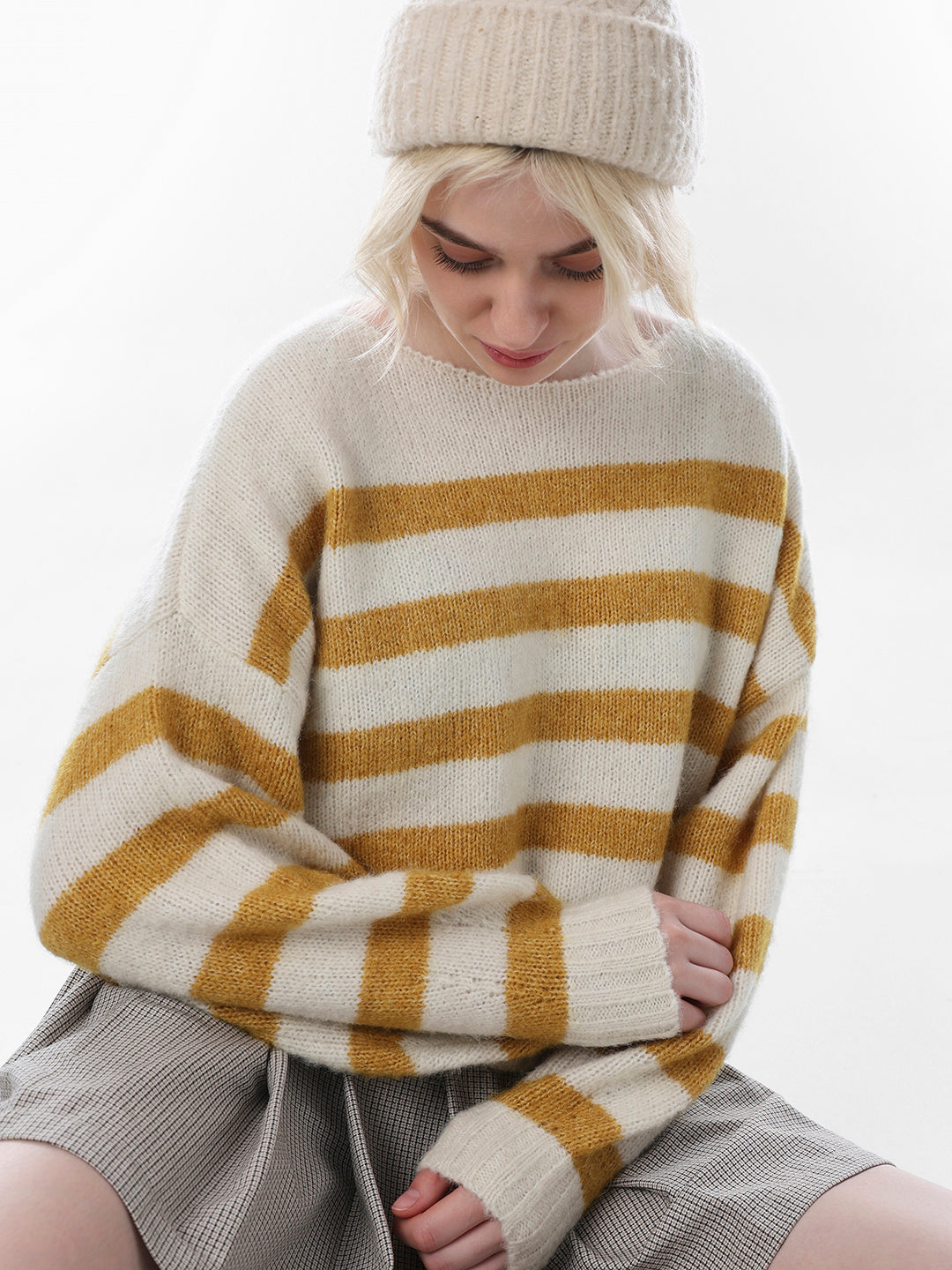Mohair Blend Hm Yellow Jumper Mustard Striped Boat Neck Sweater