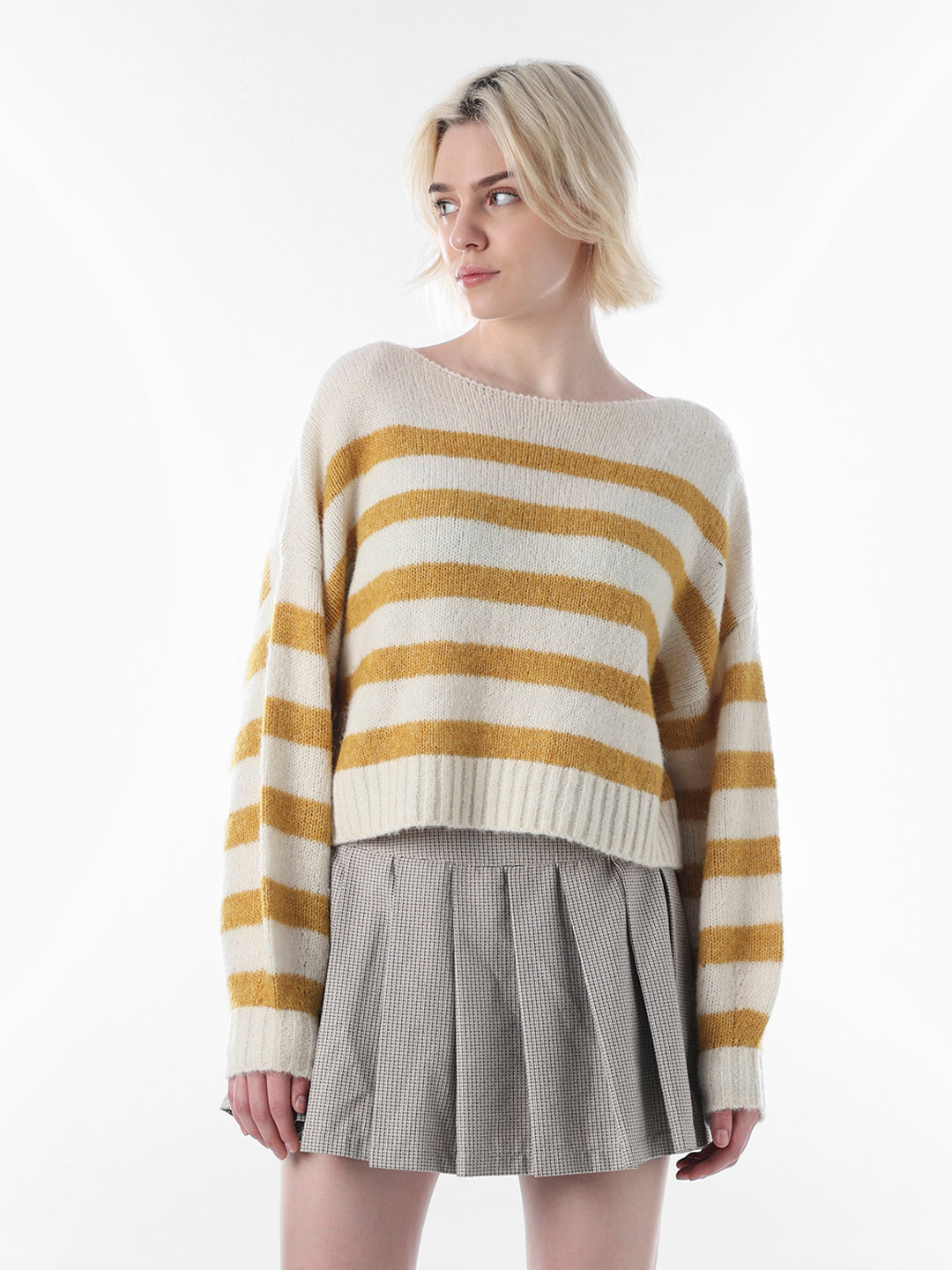 Mustard Striped Boat Neck Sweater