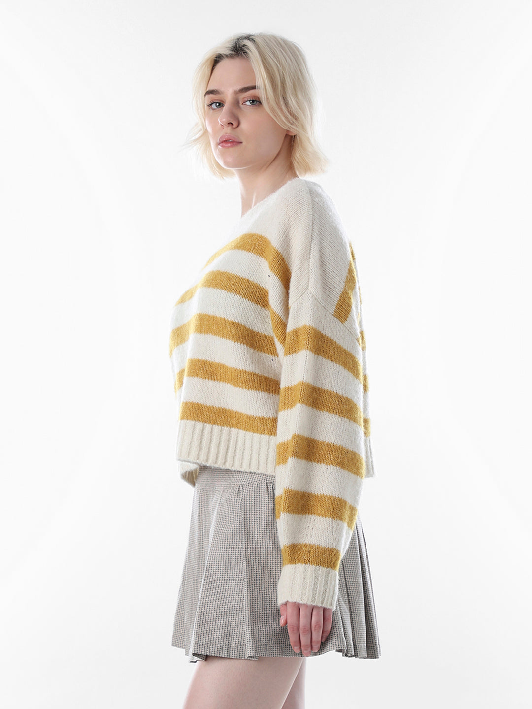 Mustard Striped Boat Neck Sweater