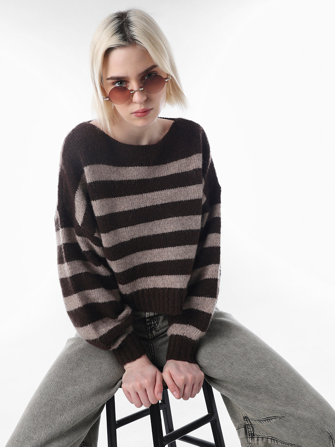 Brown Striped Boat Neck Sweater