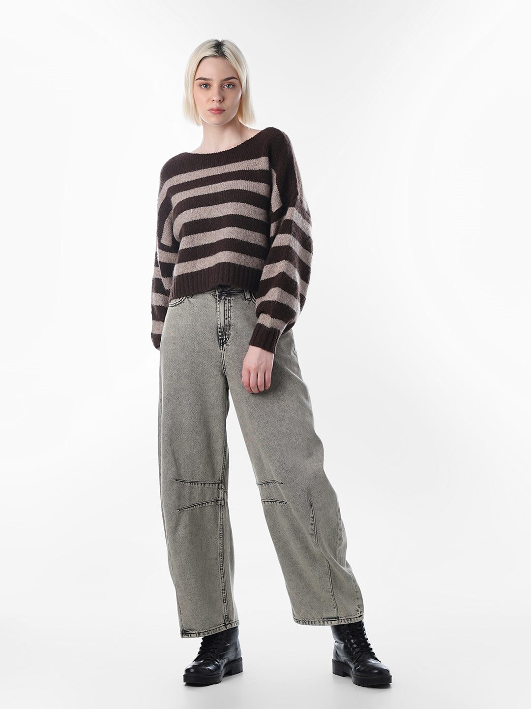 Brown Striped Boat Neck Sweater