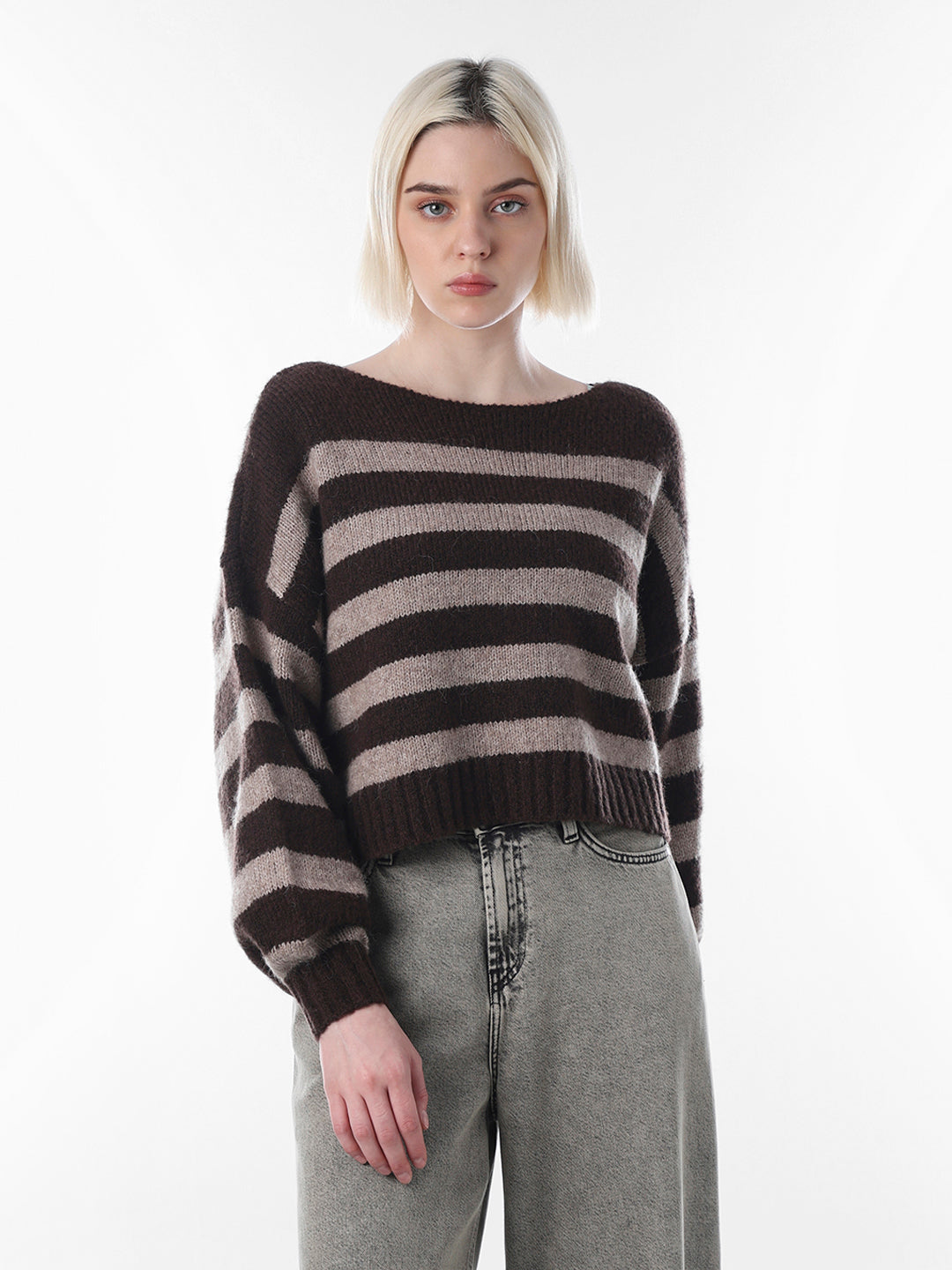 Brown Striped Boat Neck Sweater