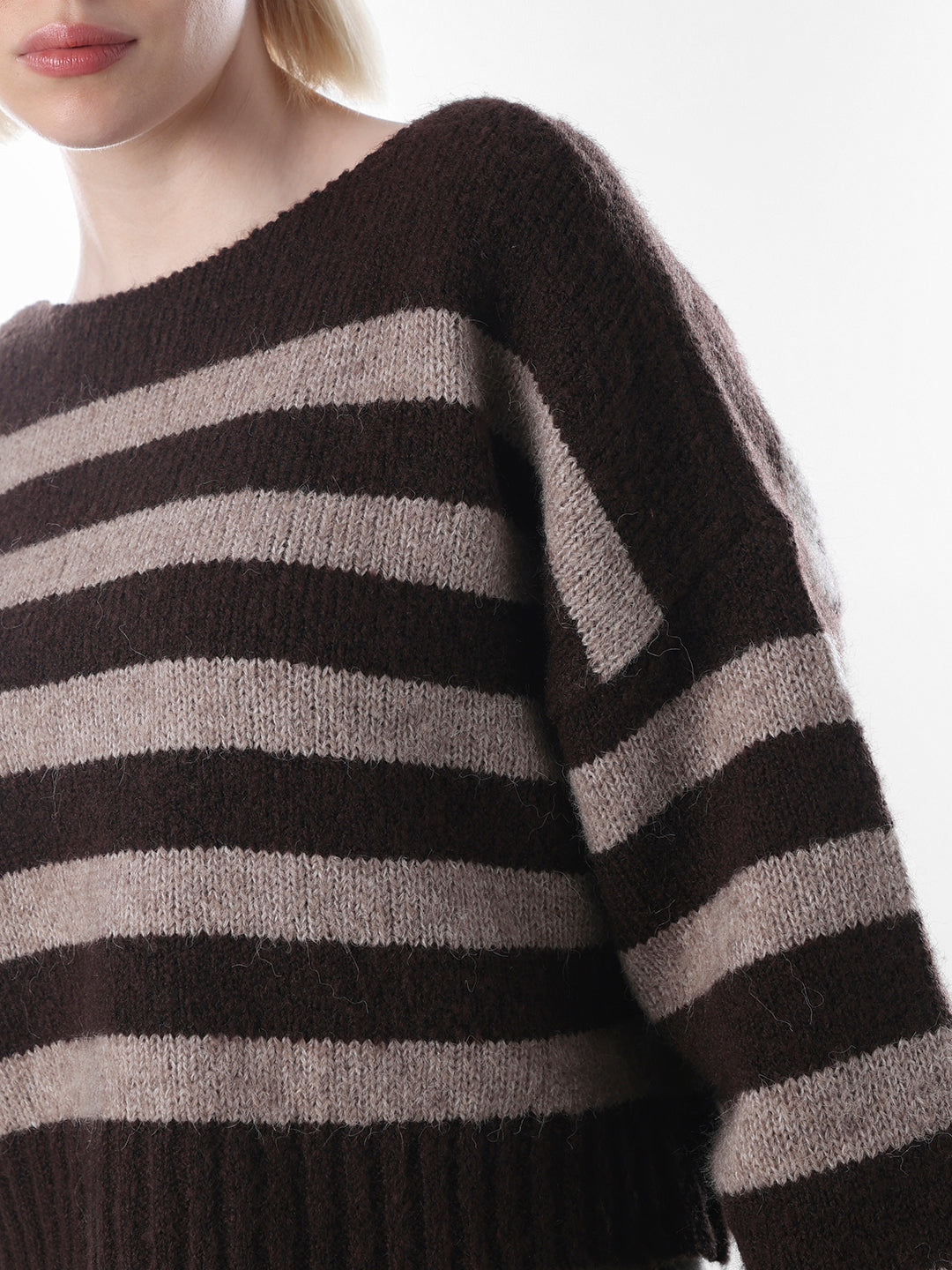 Brown Striped Boat Neck Sweater