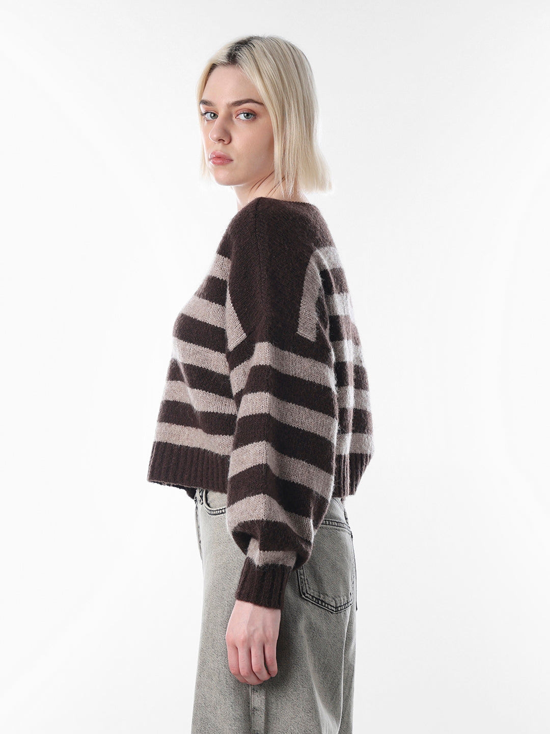 Brown Striped Boat Neck Sweater