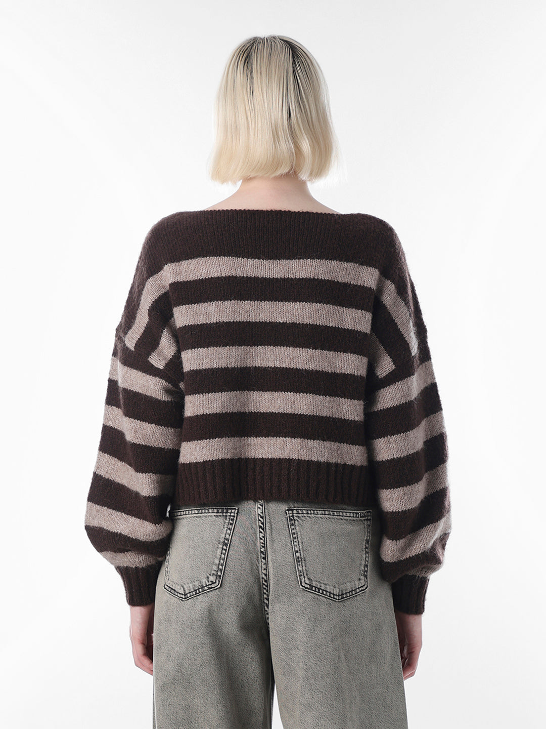 Brown Striped Boat Neck Sweater