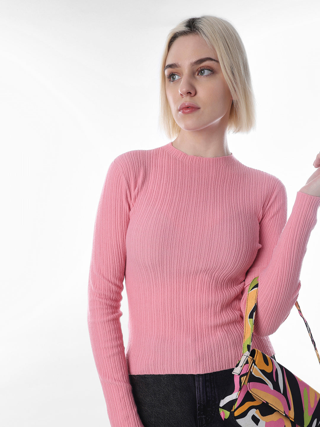 Pink Body-Fitted Rib Knit Pullover