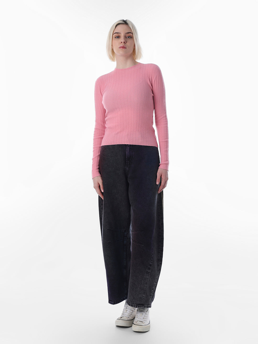 Pink Body-Fitted Rib Knit Pullover