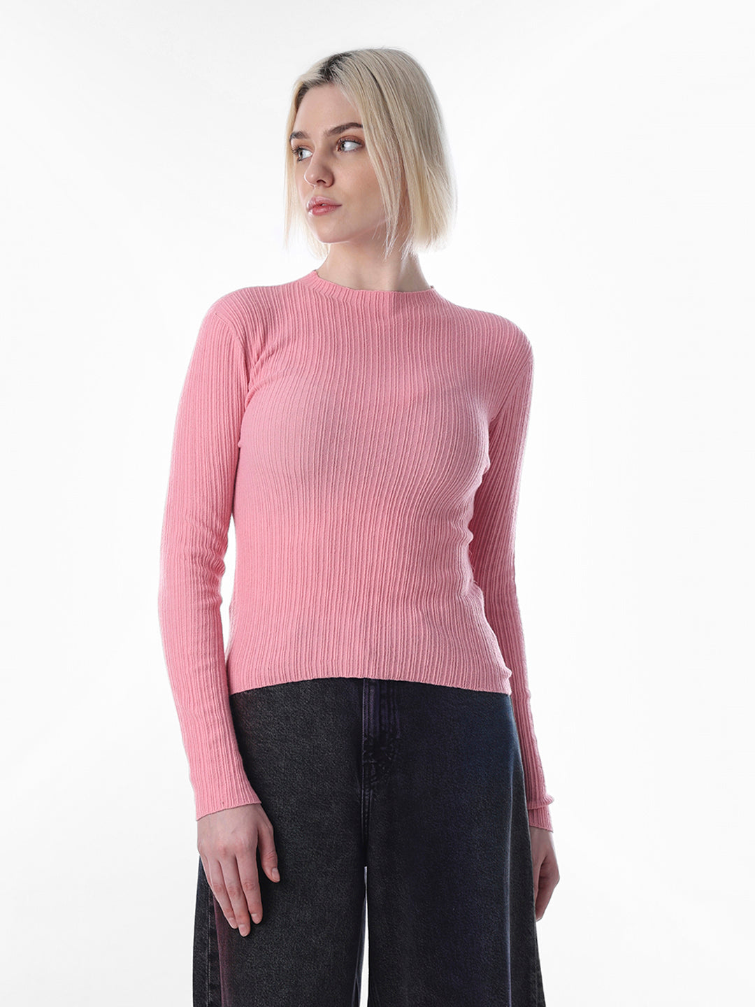 Pink Body-Fitted Rib Knit Pullover