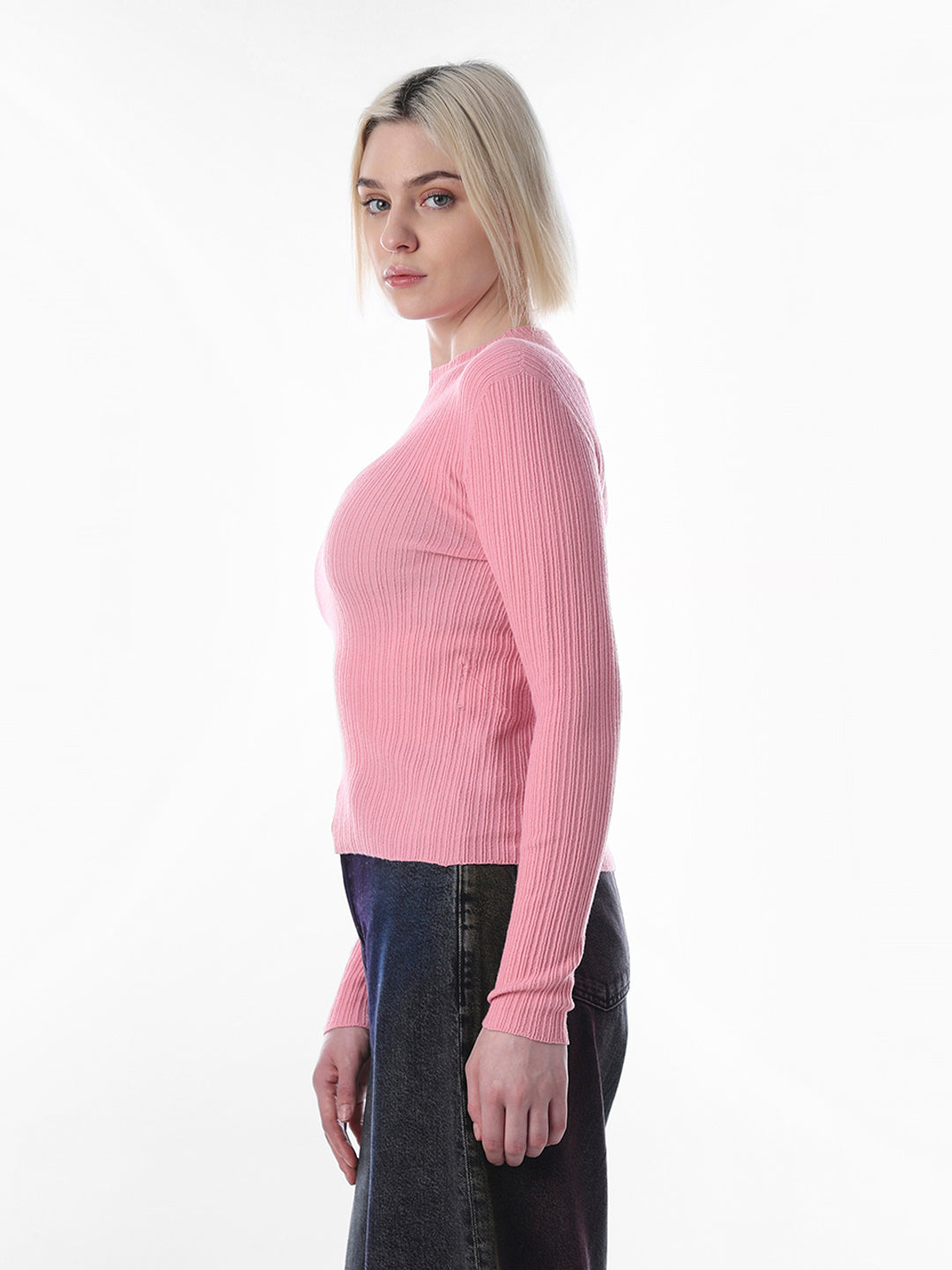 Pink Body-Fitted Rib Knit Pullover