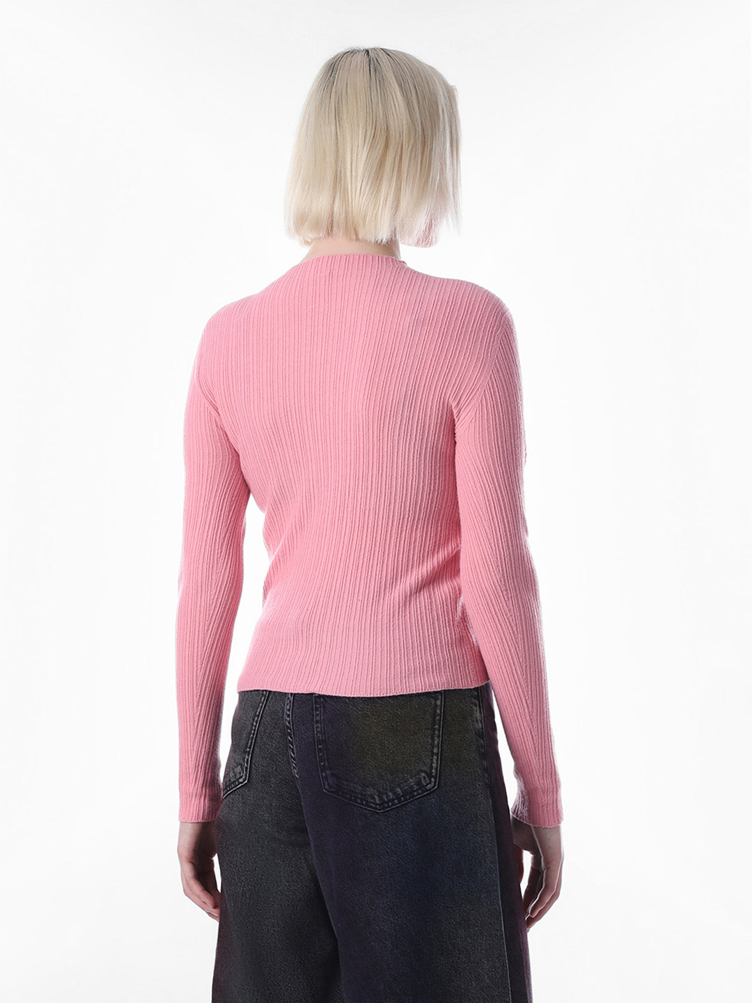 Pink Body-Fitted Rib Knit Pullover