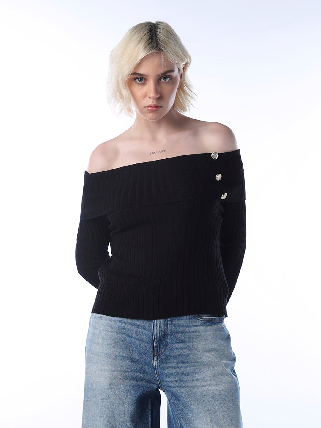 Fitted Off-Shoulder Ribbed Top - Black