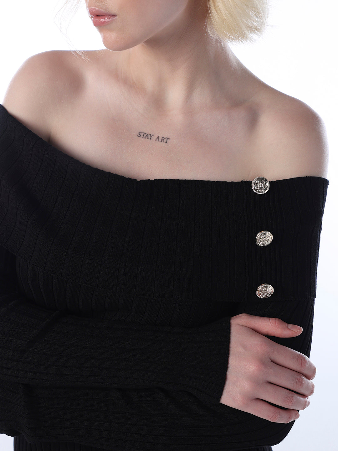 Fitted Off-Shoulder Ribbed Top - Black