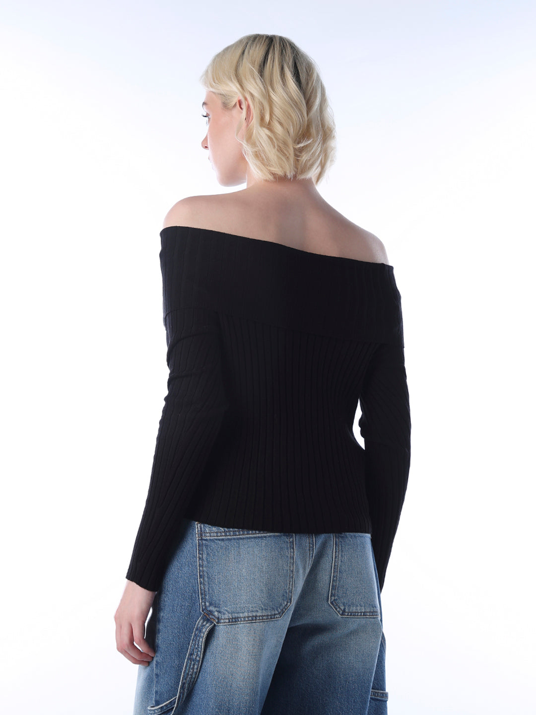 Fitted Off-Shoulder Ribbed Top - Black