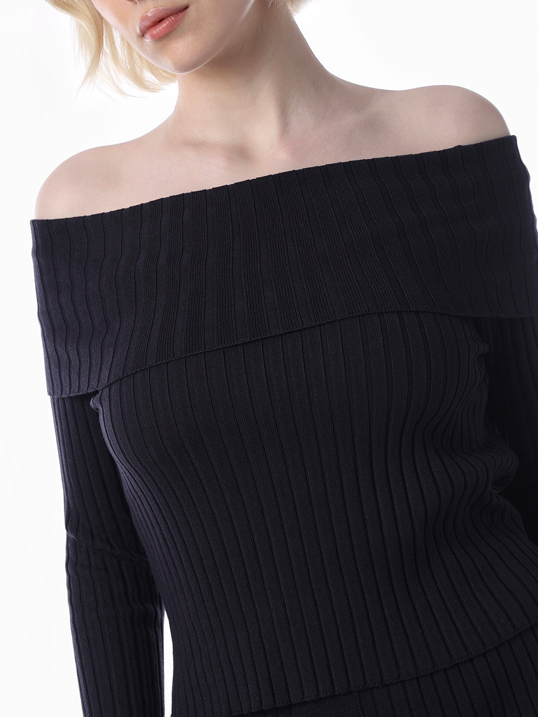 Navy Blue Off-Shoulder Fitted Top