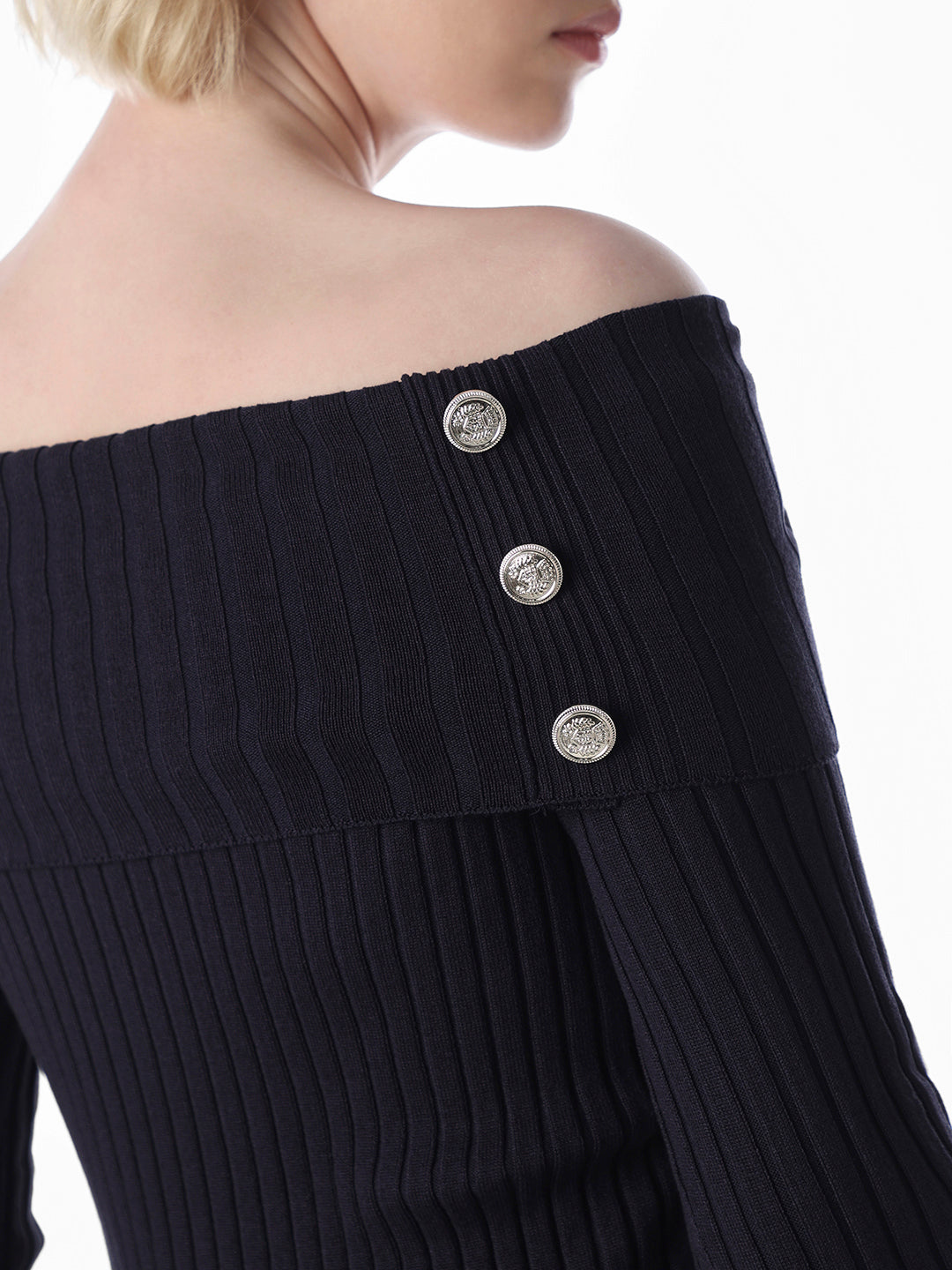 Navy Blue Off-Shoulder Fitted Top