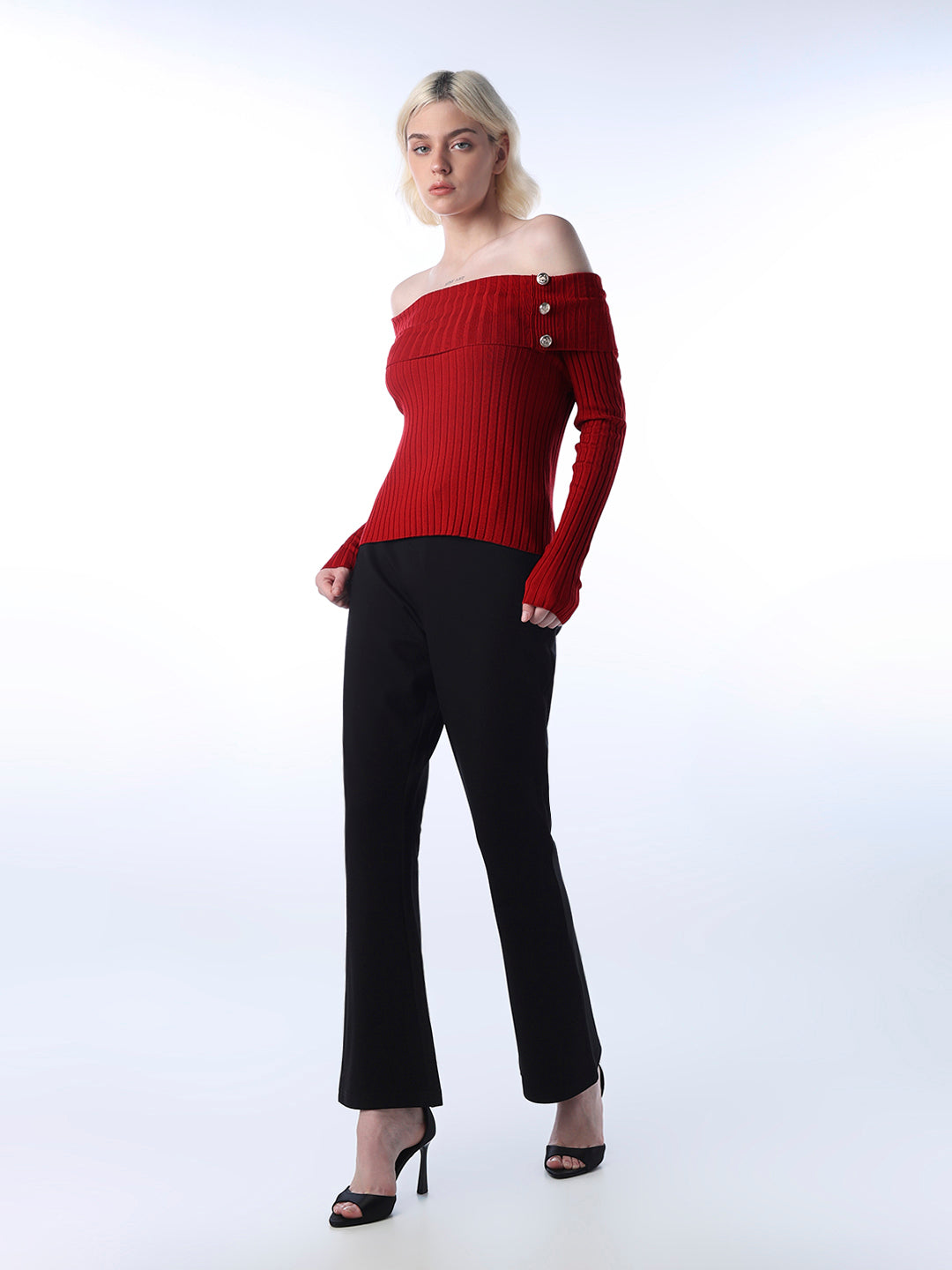 Fitted Off-Shoulder Ribbed Top - Red