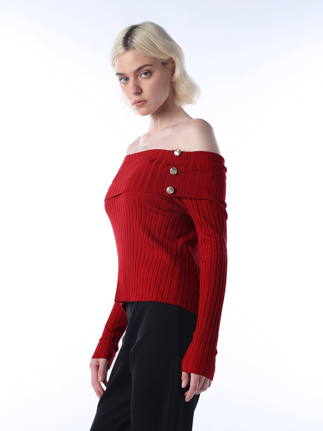 Fitted Off-Shoulder Ribbed Top - Red