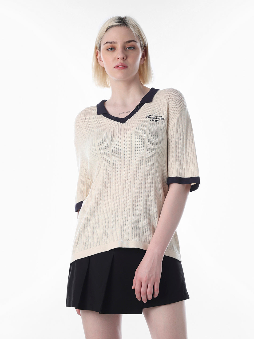 Beige Ribbed Knitted Polo