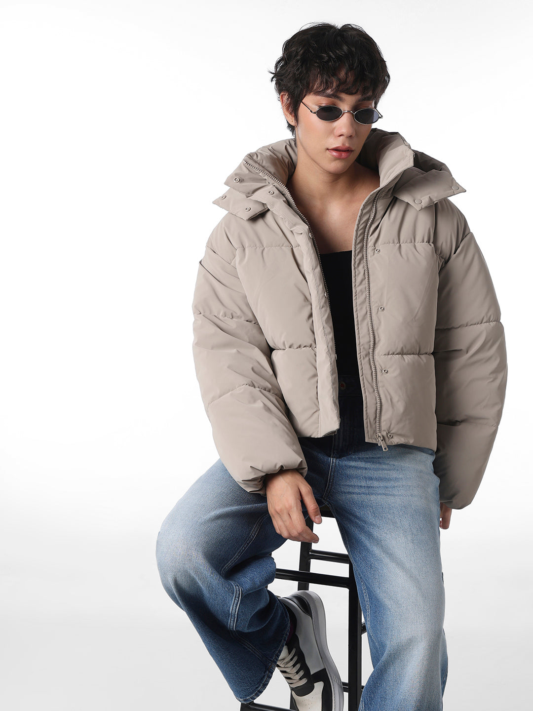 Grey Cropped Hooded Puffer Jacket