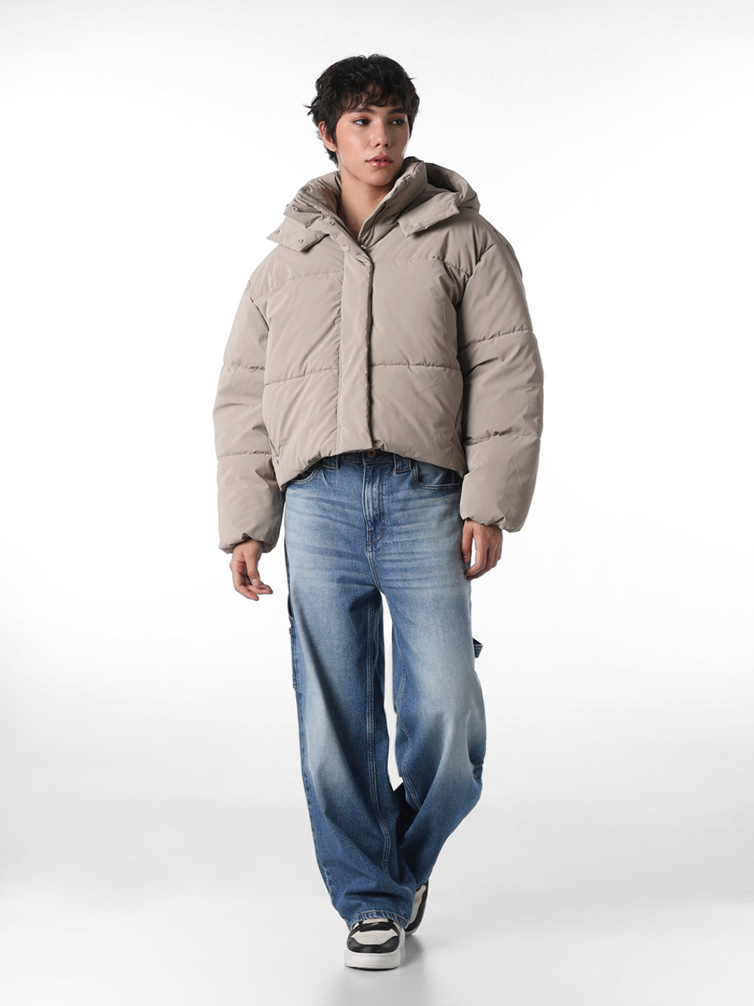 Grey Cropped Hooded Puffer Jacket