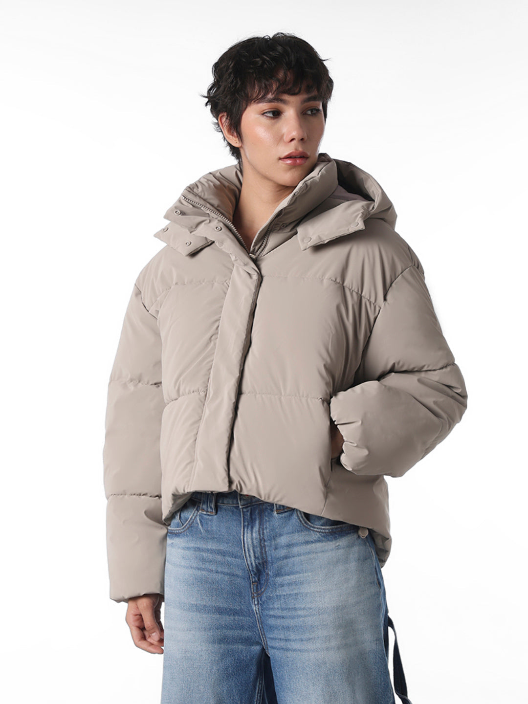 Grey Cropped Hooded Puffer Jacket