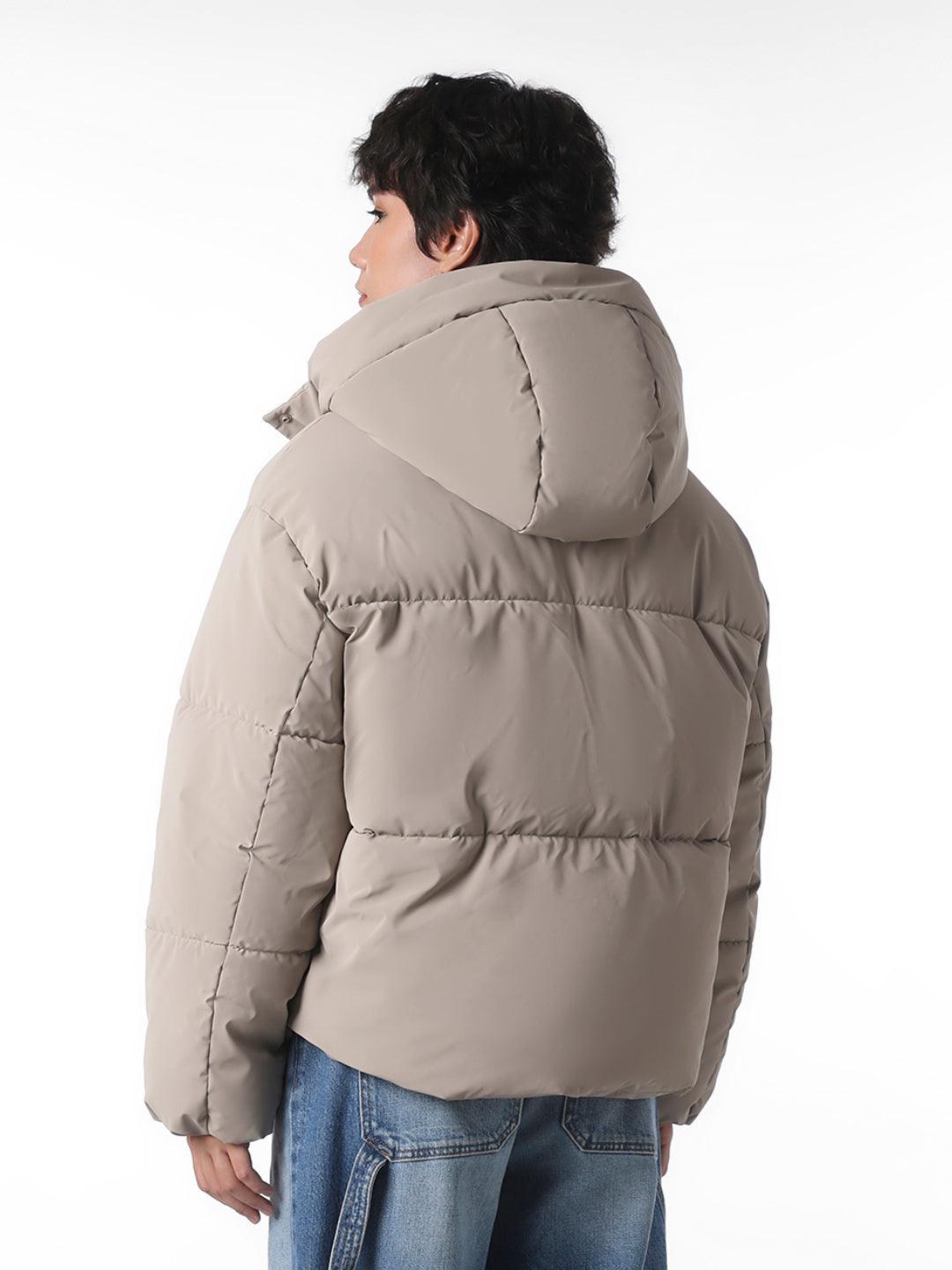 Grey Cropped Hooded Puffer Jacket