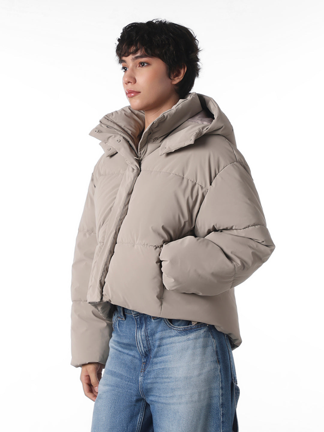 Grey Cropped Hooded Puffer Jacket