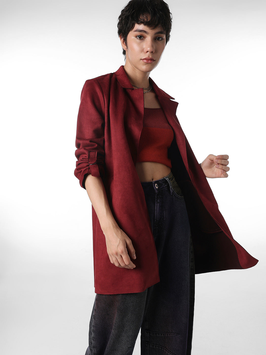Maroon Faux Suede Long Coat