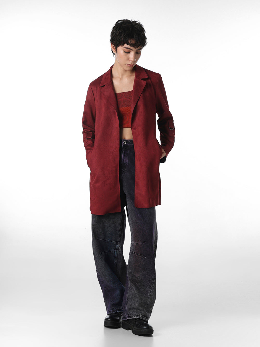Maroon Faux Suede Long Coat