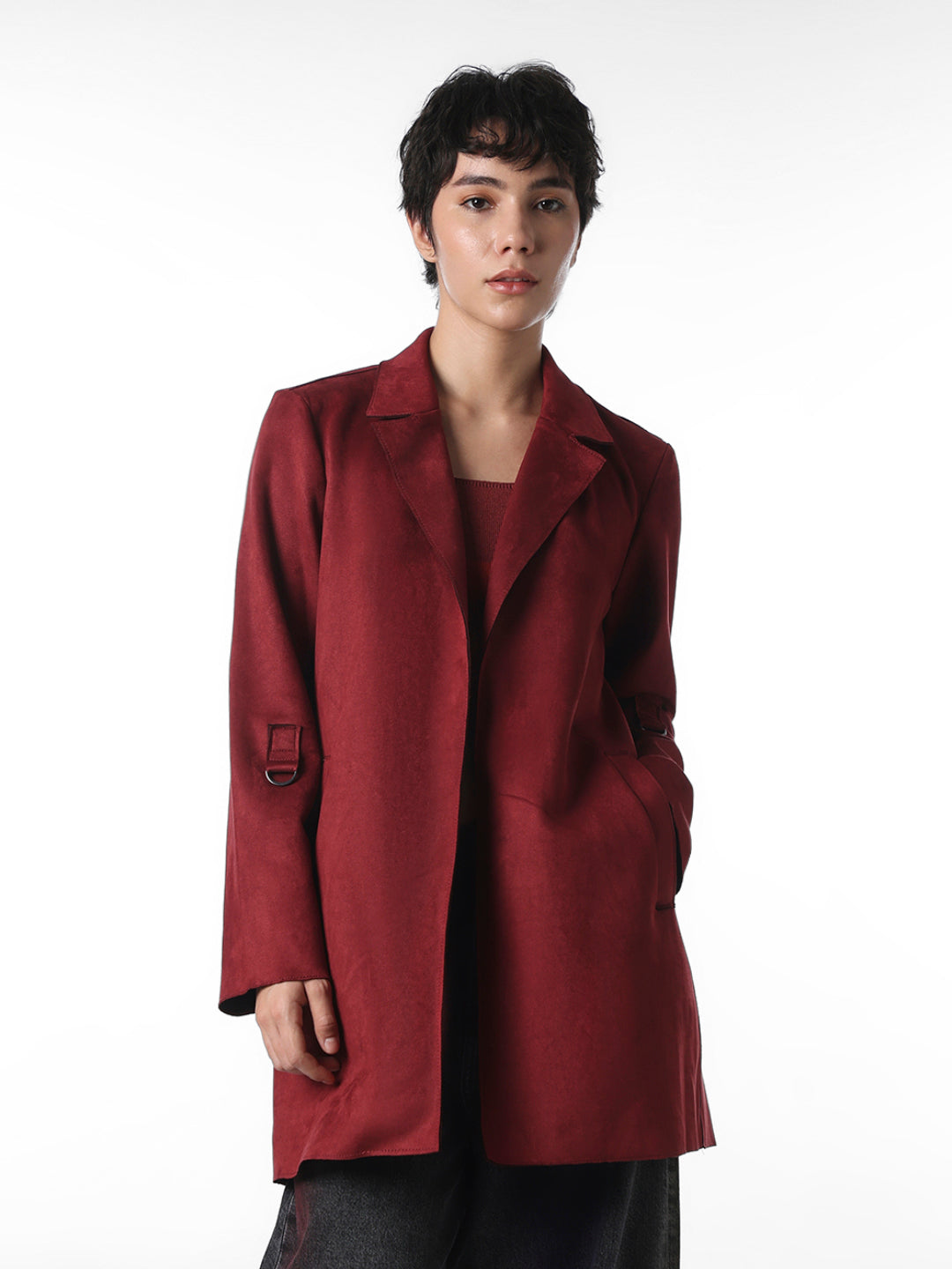 Maroon Faux Suede Long Coat